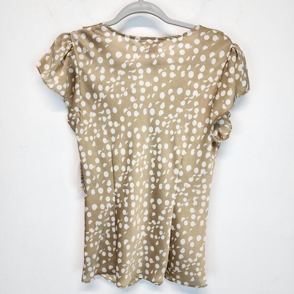 Sunny Leigh Ruffle Sleeve Satin Blouse Top Size M Taupe Polka Dot Rockabilly - Picture 2 of 11